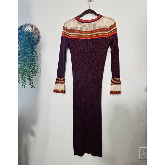 Zara Ribbed Knit Shimmer Sweater Dress Metallic Bell Sleeves Long Burgundy Large - Picture 4 of 12